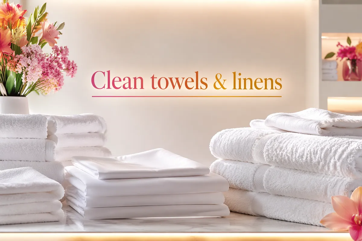 Stacks of clean white hotel towels and bed linen after an enzyme laundry programme