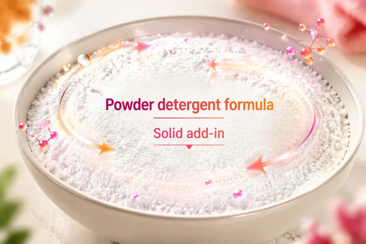 Bowl of white powder detergent base with an enzyme granule add-in being blended