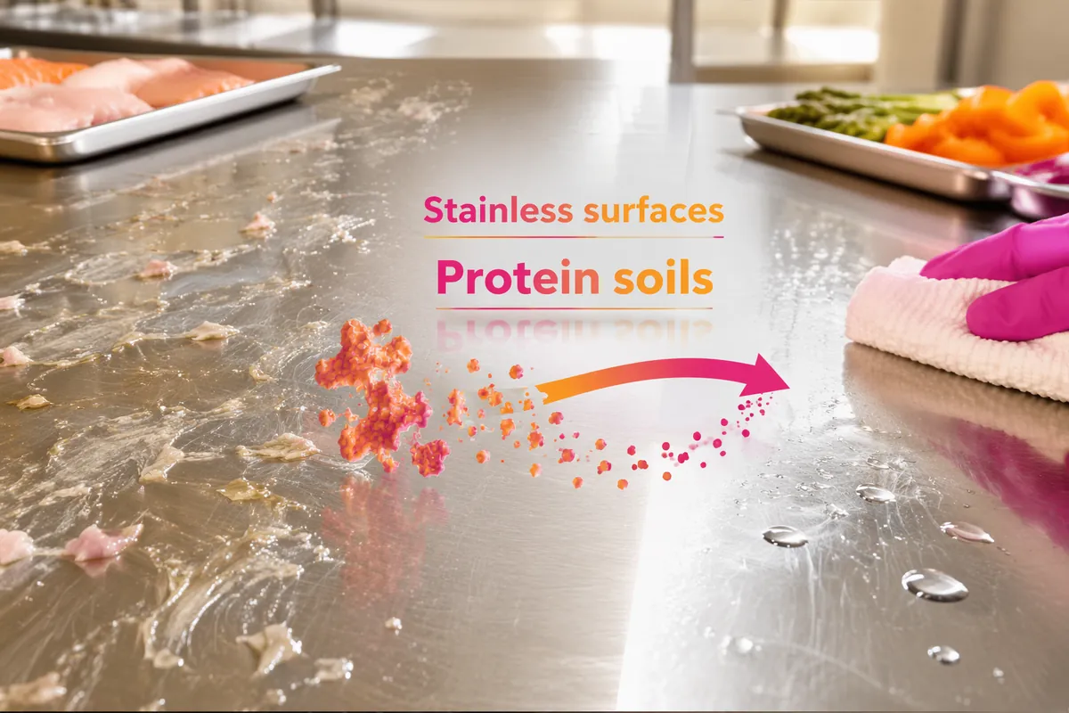 Protein food soils on a stainless steel work surface being broken down by an enzyme cleaner