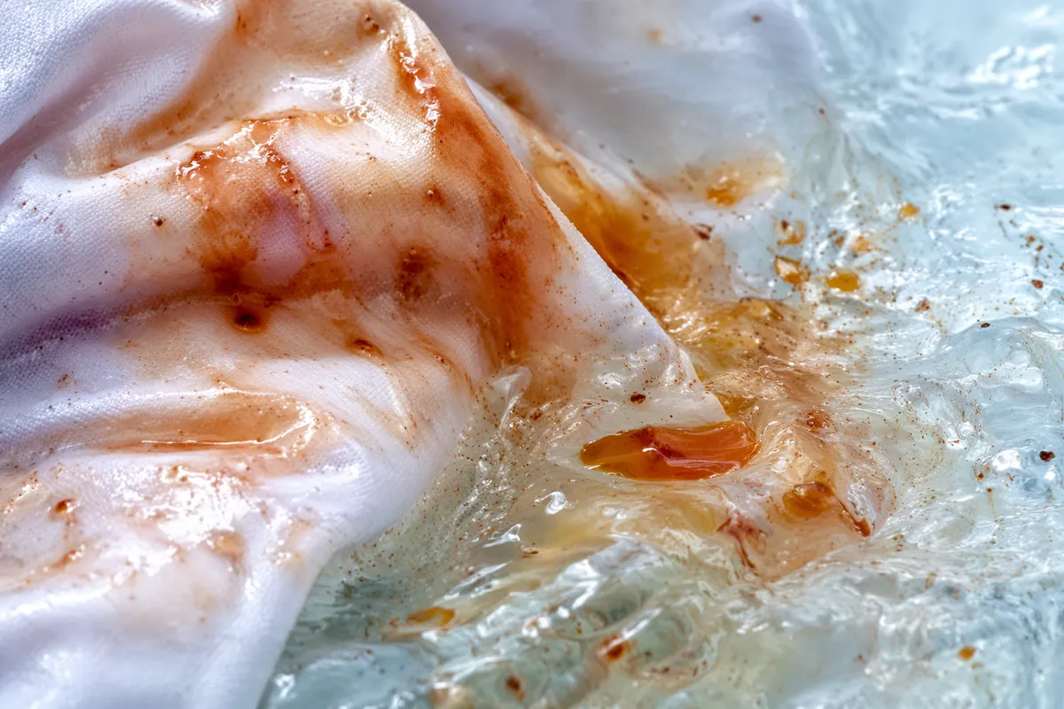 White restaurant napkin with sauce and grease stains releasing into wash water